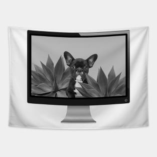 Computer Green French Bulldog Agave Leaves black & white Tapestry