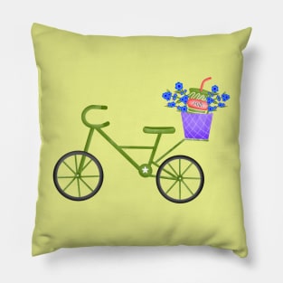 Cute green bicycle with milk and flowers basket Pillow