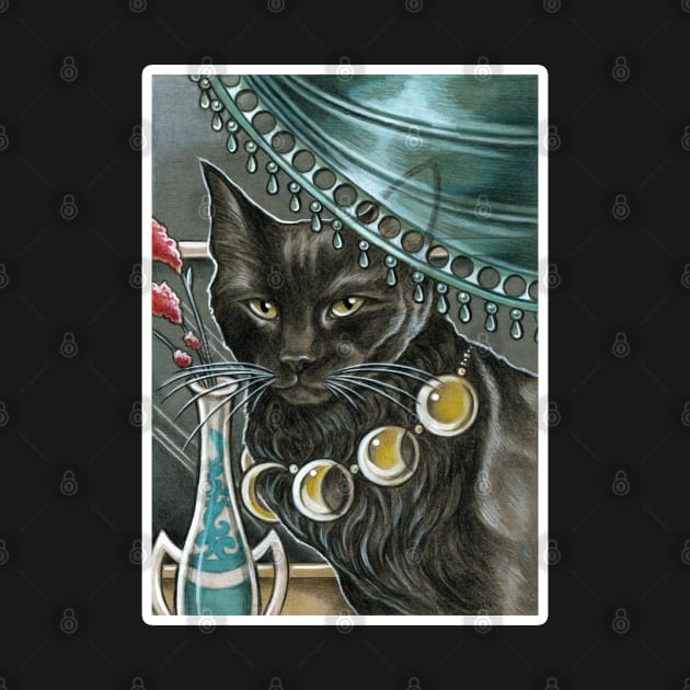 Black Cat with Moon Necklace - White Outlined Version by Nat Ewert Art