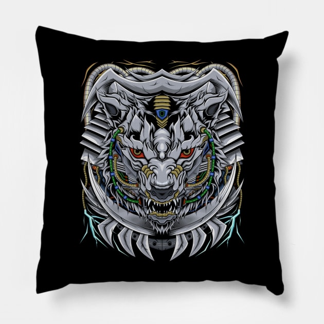 Wolves head illustration with a mecha theme Pillow by AGORA studio