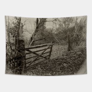 A rustic dilapidated farm gate. Tapestry