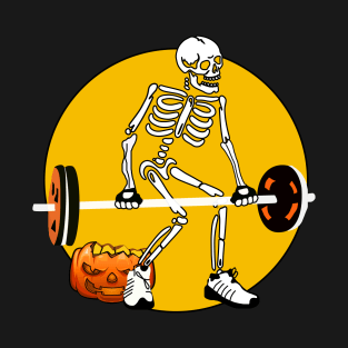 Skeleton Weight lifting Pumpkin Funny Halloween T-Shirt