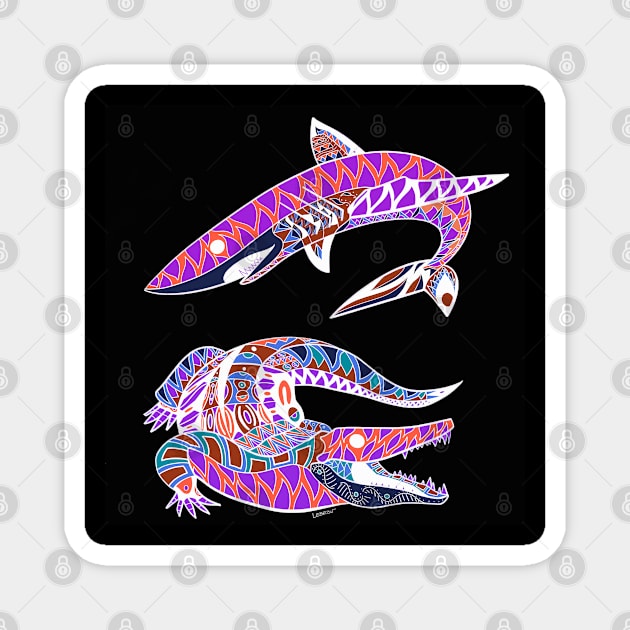 the shark and the gator in crazy pattern Magnet by jorge_lebeau