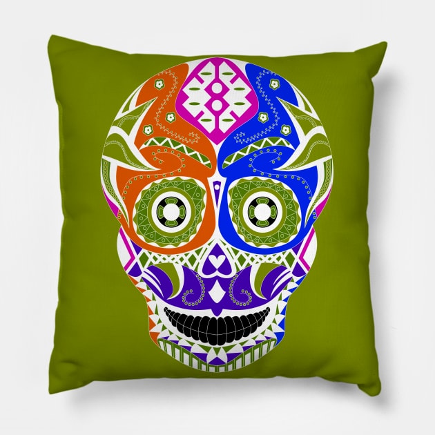 skeleton smile in mexican pattern in green Pillow by jorge_lebeau