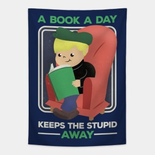 A Book A Day Keeps The Stupid Away Retro Cartoon Boy Tapestry