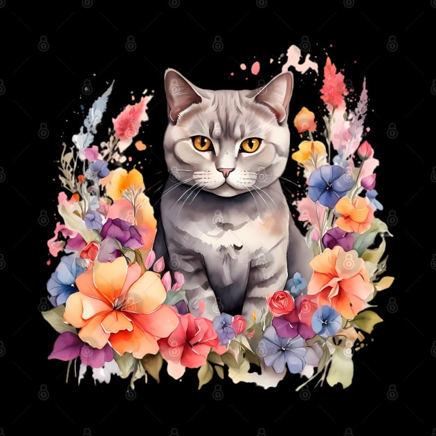 A british shorthair cat decorated with beautiful watercolor flowers by CreativeSparkzz