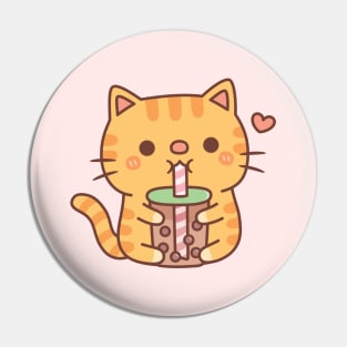 Cute Orange Tabby Cat Loves Drinking Bubble Tea Pin
