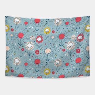 Happy Doodle Flowers Blue Tapestry