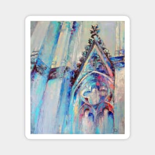 Gothic cathedral. Architectural colorful abstract with graphic silhouette. Oil painting in multicolored tones. Magnet