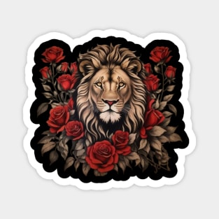 majestic lion surrounded by vibrant red roses Magnet