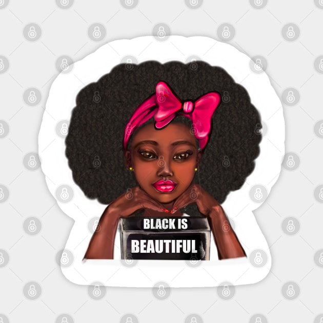 Black is beautiful girl with Afro hair and pink bow, brown eyes, thick lips and dark brown skin Magnet by Artonmytee