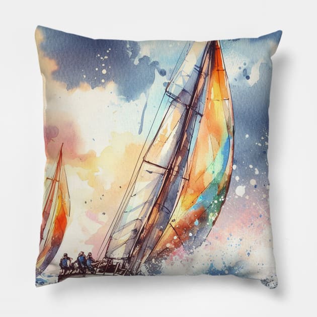 artistic illustration of a sail boat race in a storm and heavy seas Pillow by WelshDesigns