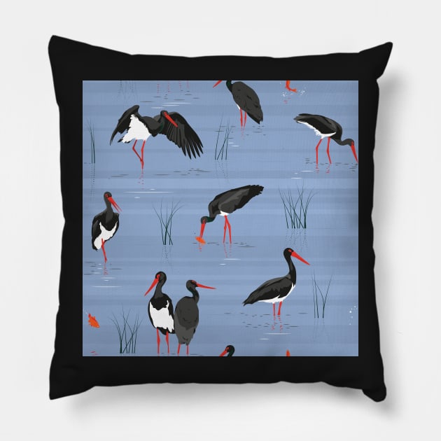 Black stork, gold fish Pillow by kobyakov