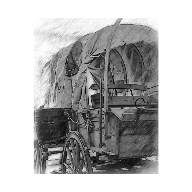 Black And White Sketched Covered Wagon by KirtTisdale