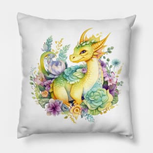 Cute Spring Flower Dragon Watercolor Pillow