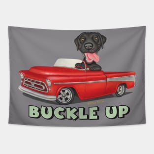 Cute Black labrador Retriever driving Classic Red Truck Tapestry