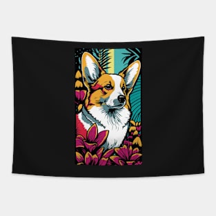 Corgi Dog Vibrant Tropical Flower Tall Retro Vintage Digital Pop Art Portrait Tapestry