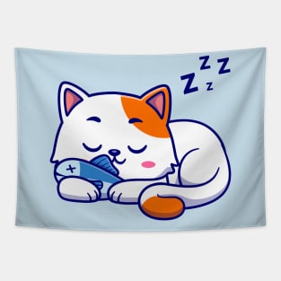 Cute Cat Sleeping With Fish Cartoon Tapestry