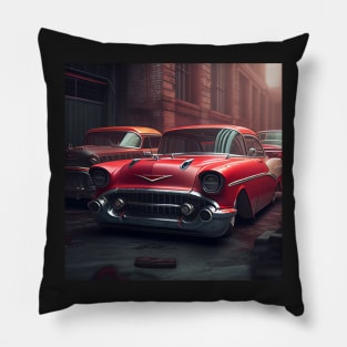 Vintage Verve: A Red Car on the Road Pillow