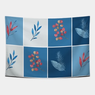 Red Blue Leaves Tiles Tapestry