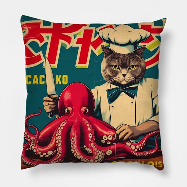 Vintage Cat Chef Cooking Giant Octopus Pillow by IA.PICTURE