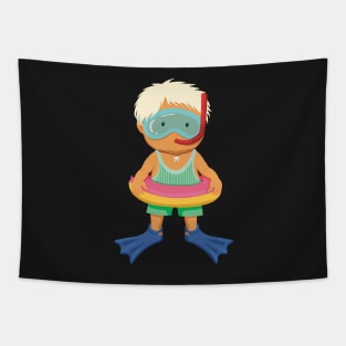 Cute little boy is on vacation dressed for snorkeling in the turquoise sea, no background Tapestry