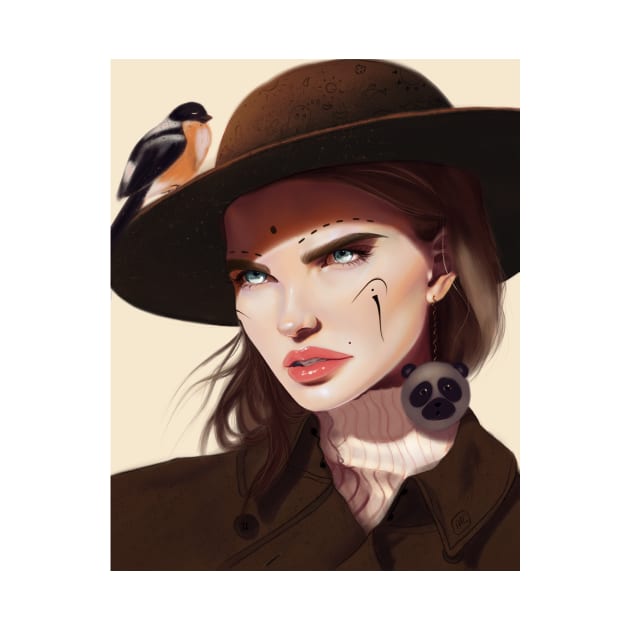 Woman with a bird on her hat by Fatchilart