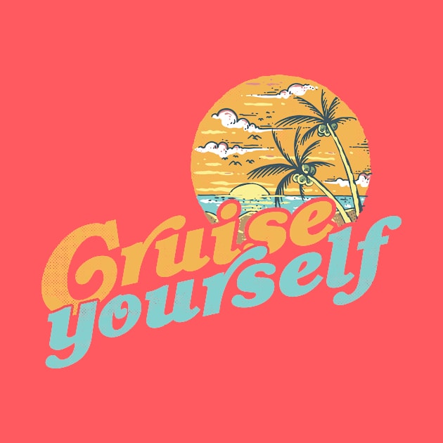 Cruise Yourself, funny 60s retro sunset palms at the beach by emmjott