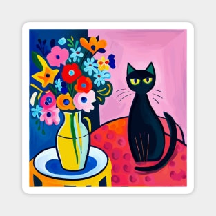 Black Cat in Still Life Painting with Flowers in Vase Magnet