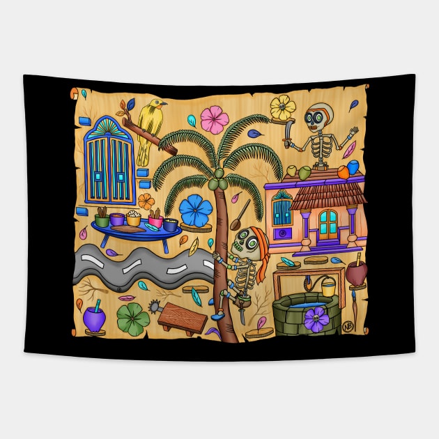 Cute Skeletons - Día De Los Muertos - Goa - Coconut fruit - Doodle Village Life Tapestry by Scriptnbones