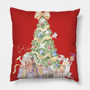 hedgehog with rabbit in front of new year tree Pillow