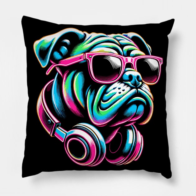 Bulldog With Sunglasses And Headphones Pillow by Nerd_art