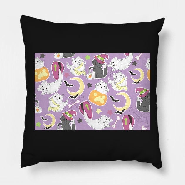 Halloween Cat Party on Purple Pillow by FrostedSoSweet