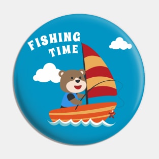 Vector cartoon illustration of cute bear fishing on sailboat with cartoon style. Pin