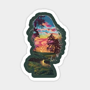 Girl Profile Filled with a Vibrant Nature Scene, Featuring Trees, a Sunset or Sunrise Sky, and a River Flowing Through a Landscape Magnet