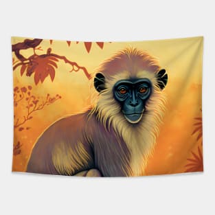 Langur and Tree Sunset Scene Tapestry