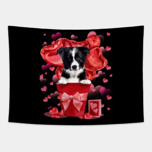 Border Collie Dog In Red Pot Happy Valentine's Day Tapestry