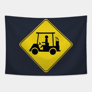 Caution Road Sign with Golf Cart Tapestry