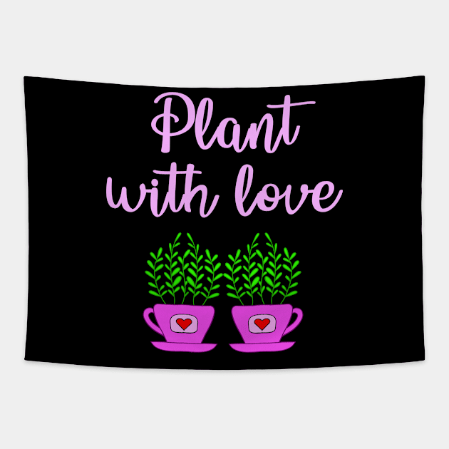 Plant with love. Crazy plant lady. Think green. Environmental protection. Environment. Cute home plants growing in pink cup pot with red hearts cartoon. Ecology. Nature lover Tapestry by IvyArtistic