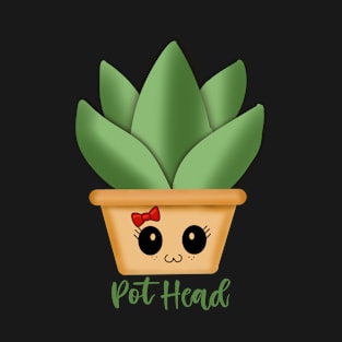 Kawaii Pot Head: Hand-Drawn Green Potted Plant with Cute girl kawaii Face and Red Bow Illustration great for Vegans T-Shirt