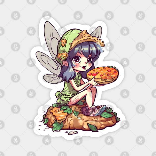 Kawaii Fairy & Pizza Funny Food Retro Japonese Anime Magnet by Ai Wanderer