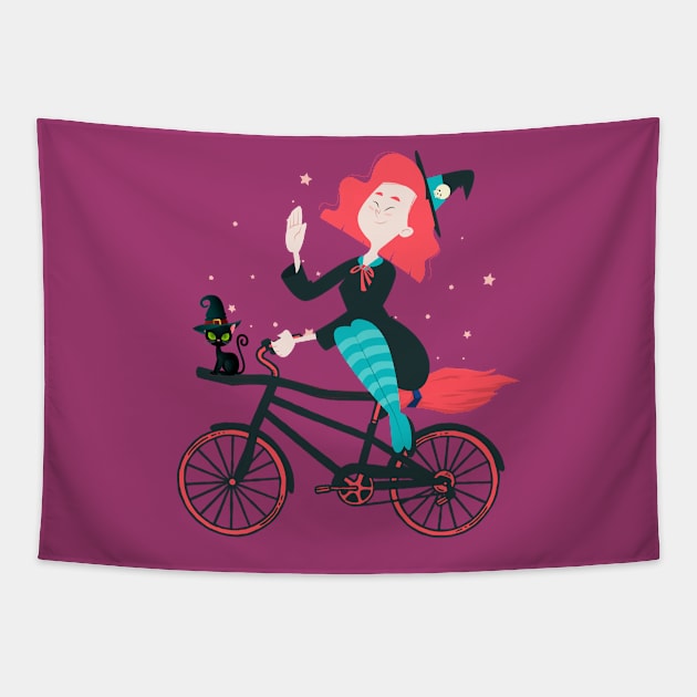 Cute Cartoon Witch Riding a Bicycle Tapestry by BicycleStuff