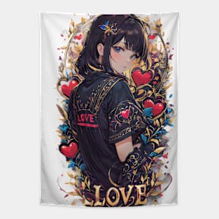 Beautiful anime girl in flowers  love on valentine's day Tapestry