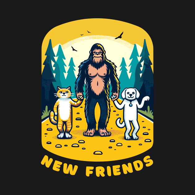 Big Foot Sasquatch becomes friends with a cat and a dog, funny t-shirt for lovers of cats, dogs and the outdoors. by Cat In Orbit ®