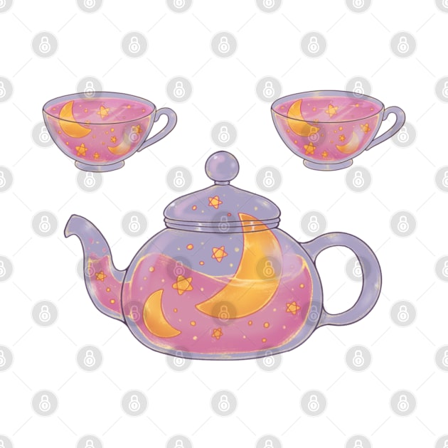 Soft pink night tea set with dark background by Itsacuteart