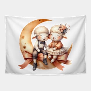 Valentine Happy Lamb Couple On Moon Tapestry