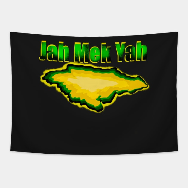 Jamaica -  Jah Mek Yah in patois and the map of Jamaica  in the colors of the Jamaican flag black green and gold Tapestry by Artonmytee