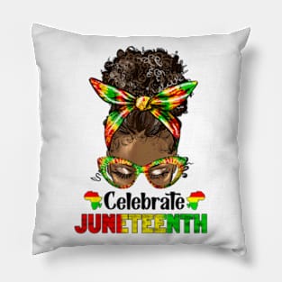 Juneteenth Celebrate 1865 Messy Bun Glasses Black Women Pillow