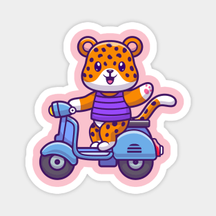 Cute Cheetah Tiger Riding Scooter And Waving Hand Cartoon Magnet