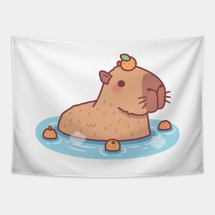 Cute Capybara With Orange On Head Chilling In Hot Spring Tapestry